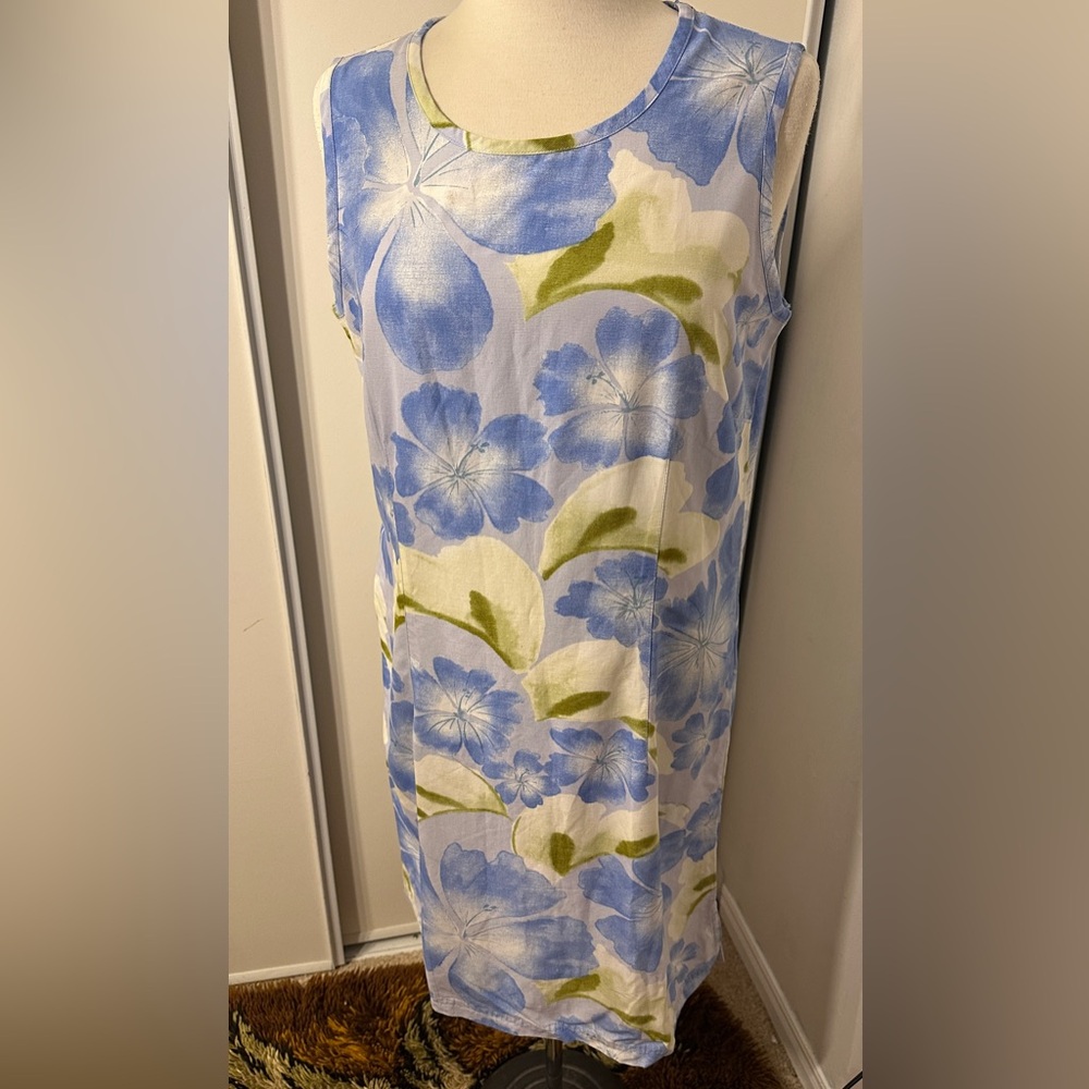 Columbia Blue and Cream Floral linen blend sleeveless dress